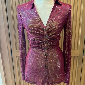 Free People Burgundy Sequin Button-Down Shirt!!  Holiday or Night Out